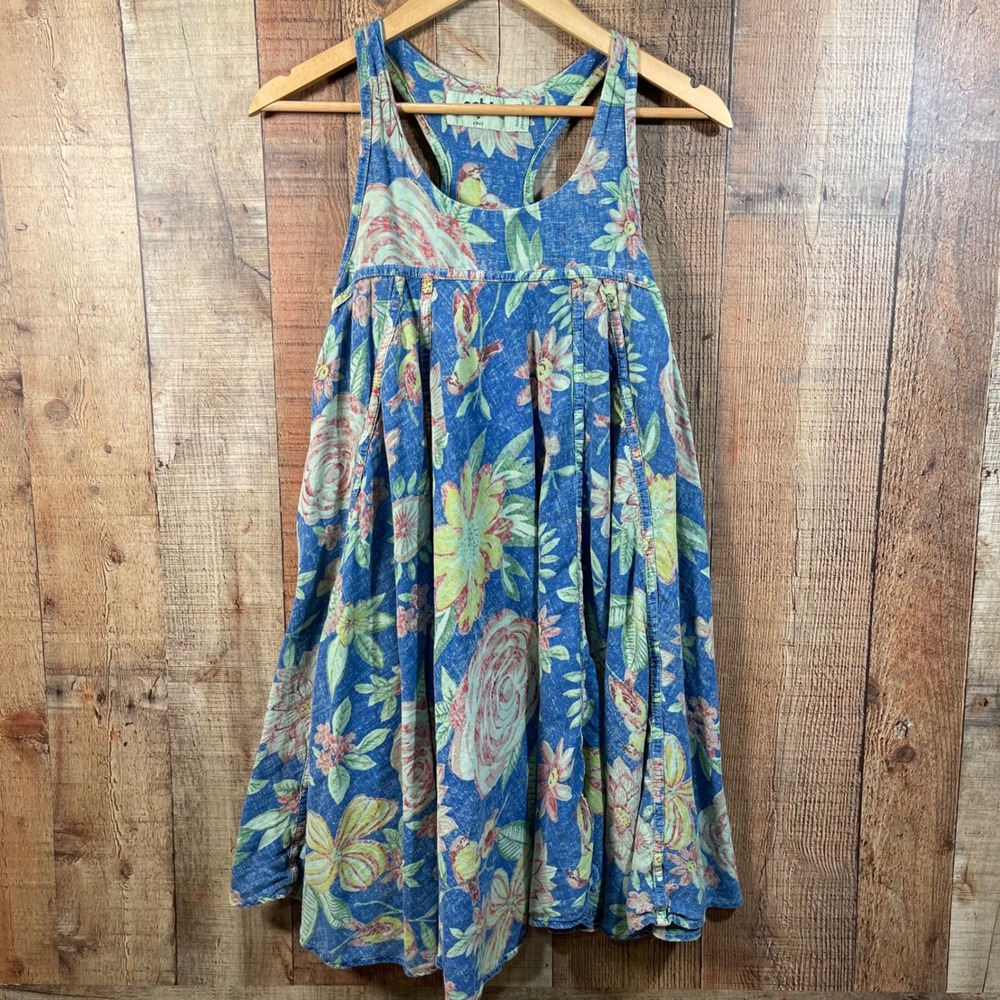 Anbe Womens Small Blue Floral Bird Print Racerback Swing Dress Boho Tropical